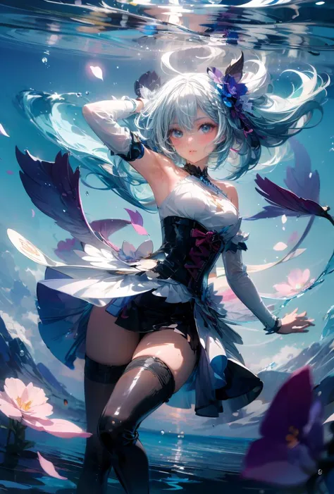 (masterpiece, best quality), 1girl, light blue hair, water hair, light blue eyes, flying petals, water blade, light blue water magic circle, light blue corset, black thighhighs, sidelighting, light particles, abstract, <lora:add_detail:1>