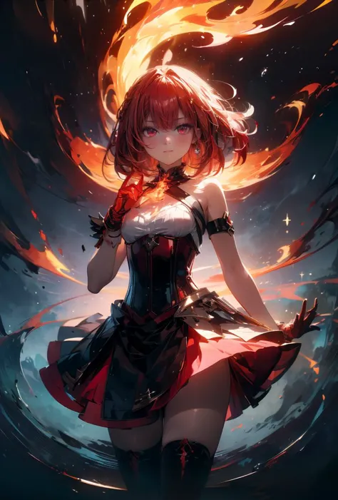 (masterpiece, best quality), 1girl, red hair, flaming hair, red eyes, flames, hands in flame, flame blade, red magic circle, red corset, black thighhighs, sidelighting, light particles, abstract, <lora:add_detail:1>