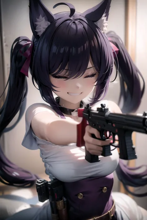 a close up of a person holding a gun with a cat ear