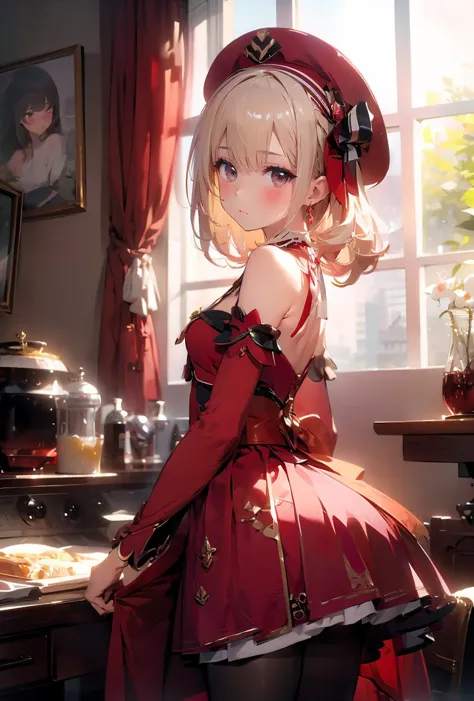 (masterpiece, best quality), 1girl, blonde hair, red dress, pantyhose, cute face, blush,