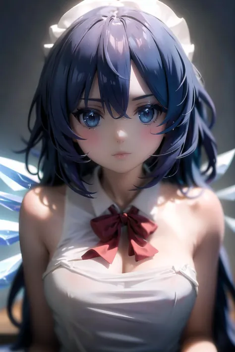 anime girl with blue eyes and a white top posing for a picture