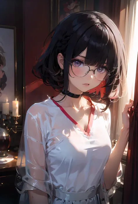 (masterpiece, best quality), 1girl, messy hair, choker, black silk pajamas, see-through, glasses,