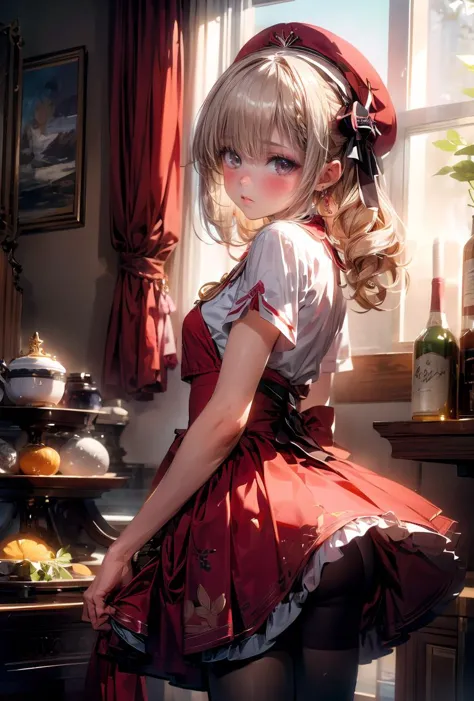 anime girl in a red dress posing in front of a window