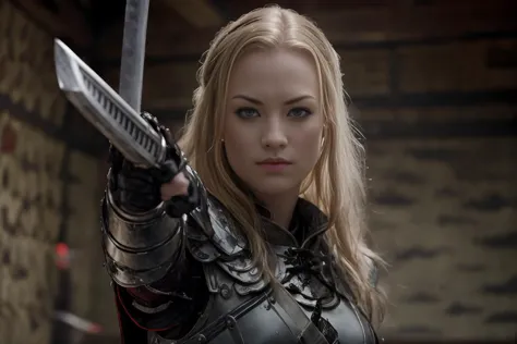 Horror-themed,  wide angle, <lora:samurai style SD1.5:1.2>
an epic cinematic photo of yvonne,<lora:YvonneStrahovskiDogu:1>, blonde hair, blue eyes in a legendary armor holding an epic katana with perfect hands female samurai style, feudal Japan, shogunate, Eerie, unsettling, dark, spooky, suspenseful, grim, highly detailed, (battle field) , blood, smoke, fire<lora:detail_slider_v4:2.4>, nsfw:0.45