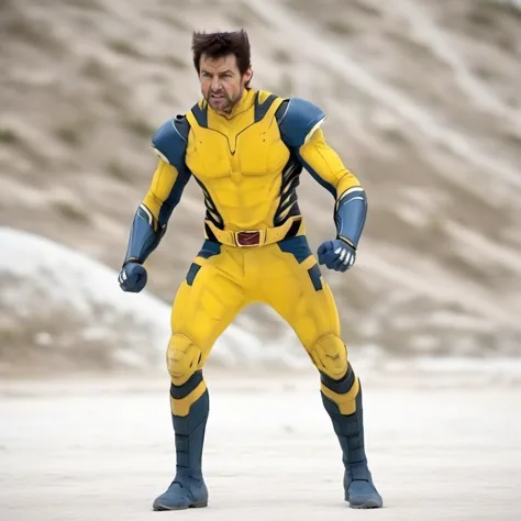 a close up of a man in a yellow and blue costume