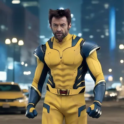 wolverine in a yellow suit standing in a city street