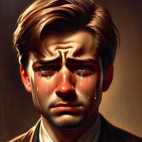 Highly detailed oil painting of a man with brown hair, tears streaming down his face, emotional expression captured in lifelike ...