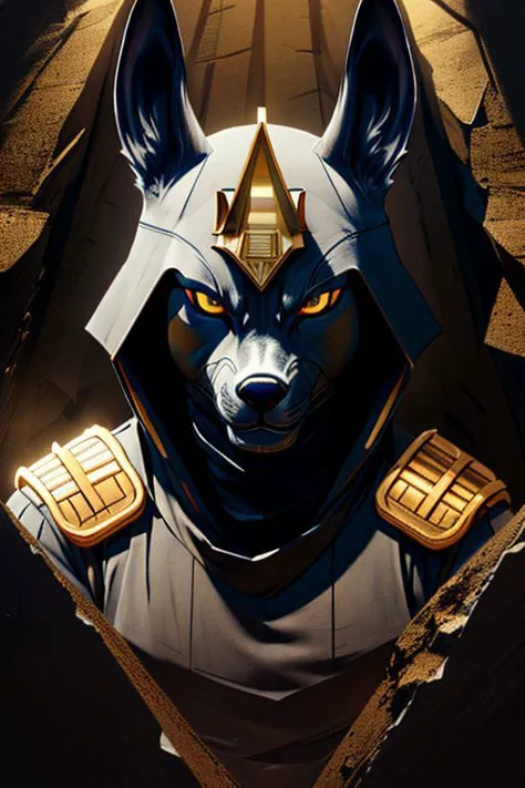 extreme detail, 8k, ultra quality, masterpiece, illustration, an incredibly detailed portrait of anubis as an obsidian statue inside of a dark pyramid, godrays illuminating the dust and sand filled chamber, anubis