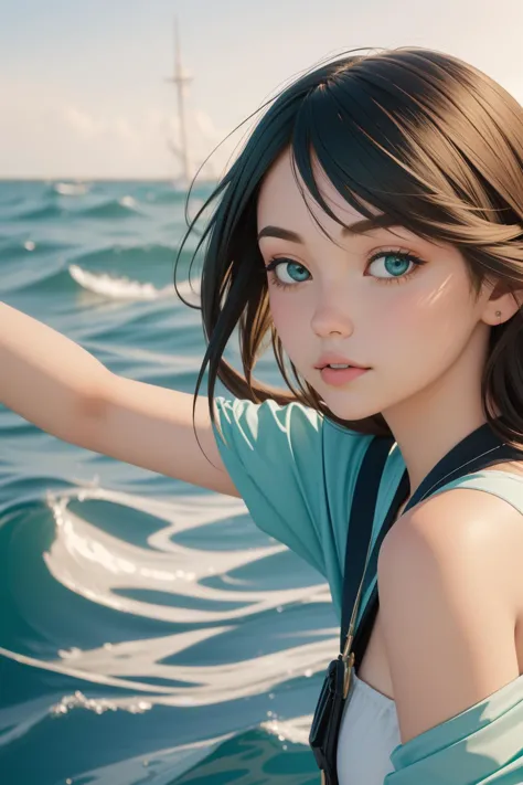 anime girl with blue eyes standing in the ocean with a sailboat in the background