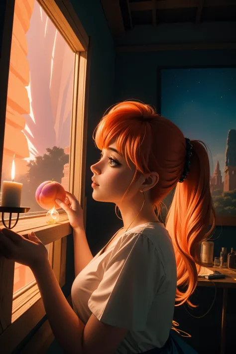 a woman with red hair and ponytails holding a doughnut looking out a window