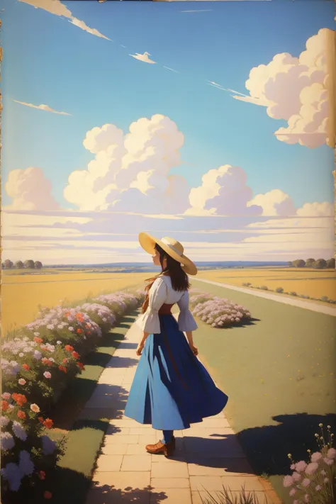 painting of a woman in a blue dress and hat walking down a path