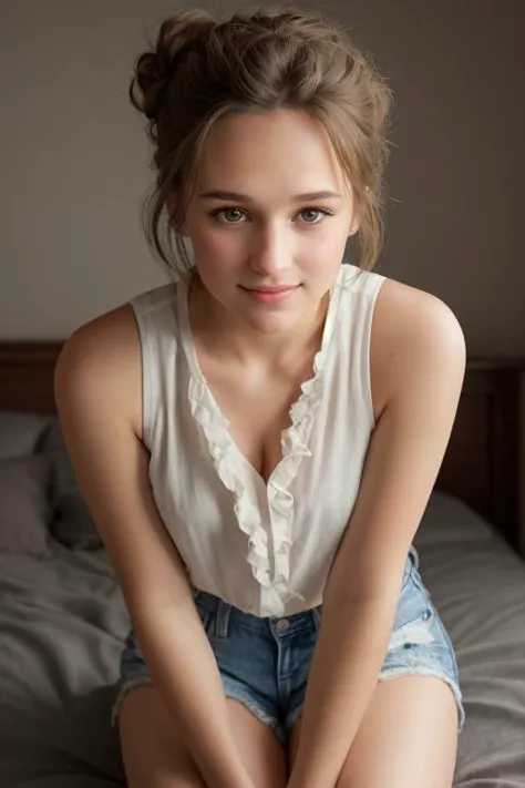 a close up of a woman sitting on a bed with a white shirt