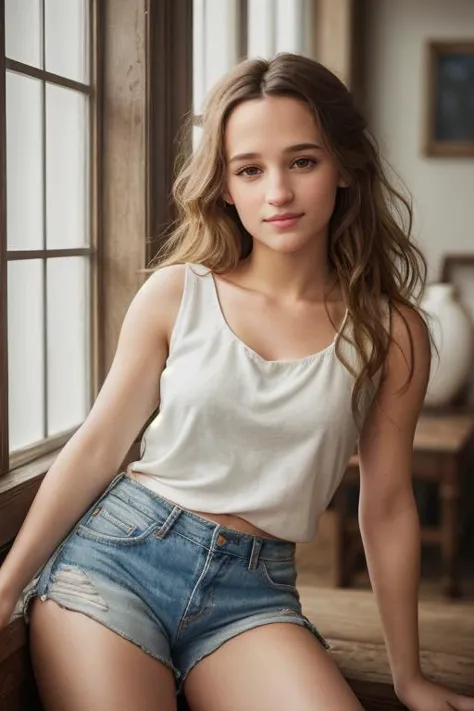 a woman sitting on a window sill in a white tank top