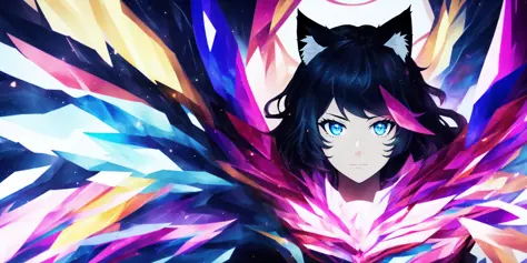 m_style, a beautiful picture of a girl with cat ears and wings, cat ears, anime girl, mosaic, aurora, pixalated, anime, illustra...