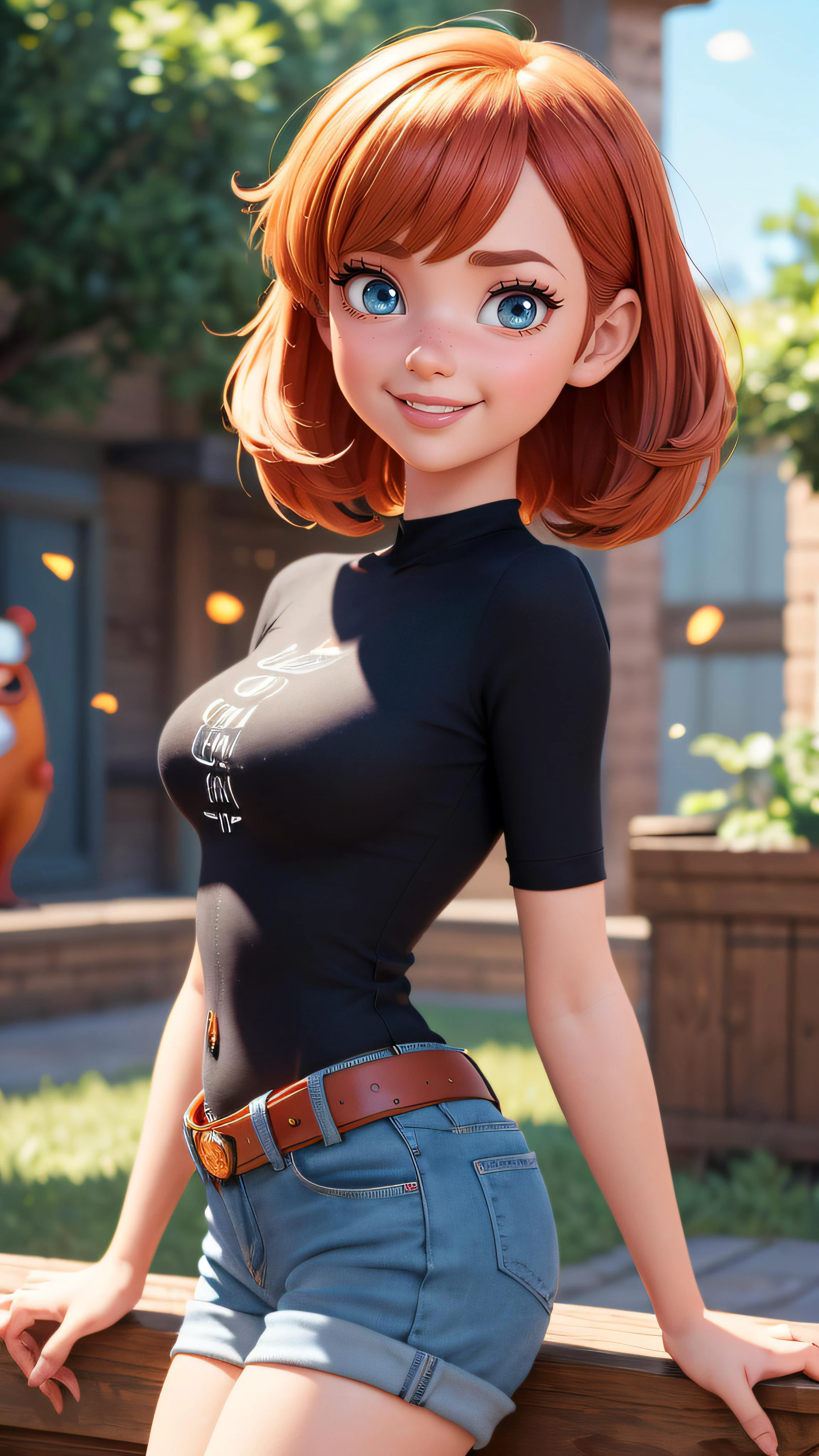 (masterpiece, best quality, highres:1.2), (Pixar CGI Style), (colorful), young cute girl, very big eyes, bobbed hair, flirting, half smile, Pixar-style, Character Design, CGI, 8k