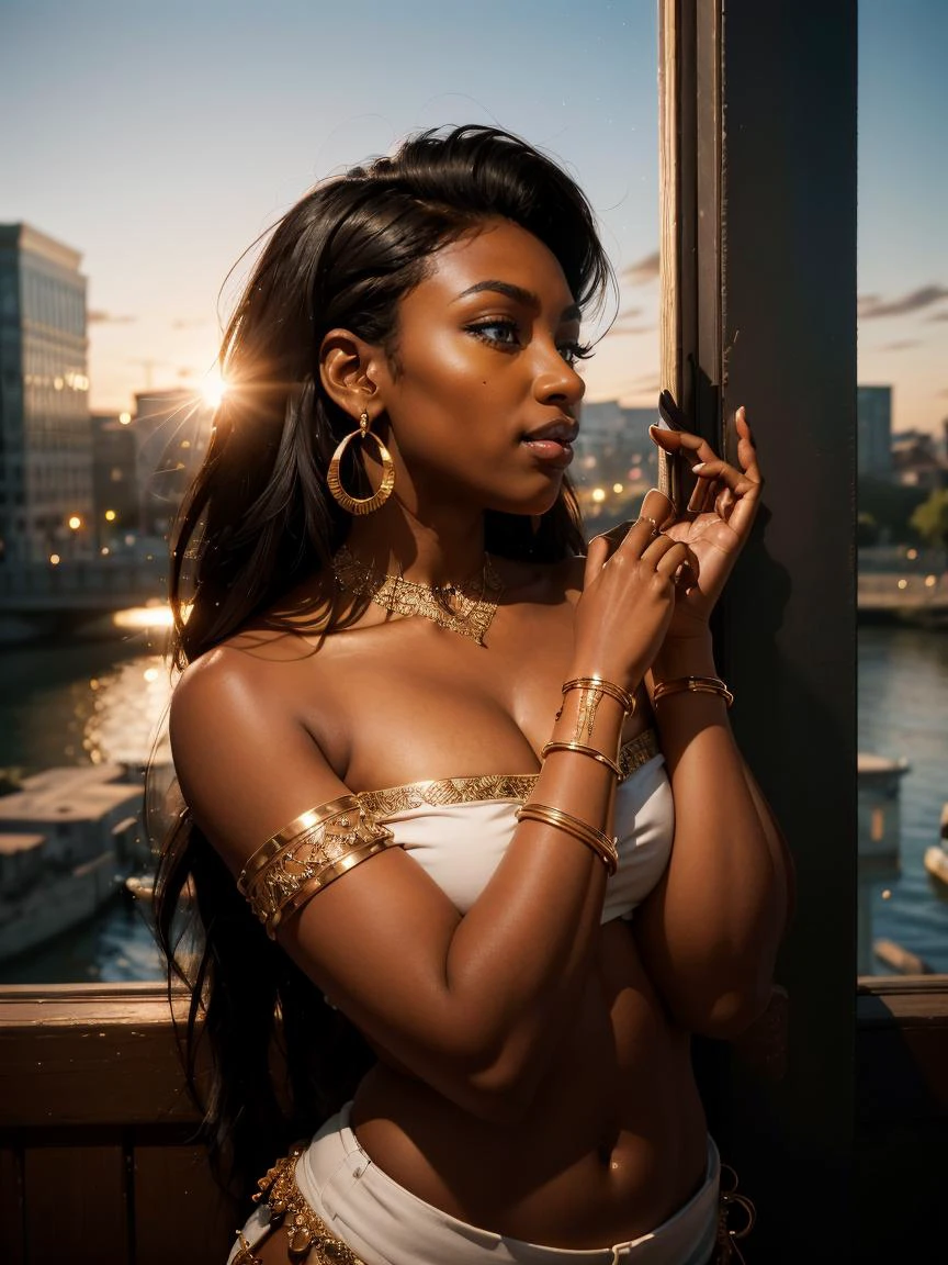 1girl, bandeau, bangle, bare shoulders, black hair, bracelet, breasts, (dark-skinned female:1.3), (dark skin:1.3), earrings, grey background, hoop earrings, jewelry, lips, long hair, midriff, navel, solo, strapless, single side bun, eyeshadow, bangs, 
masterpiece, best quality, intricate details,  epiC35mm a painting of a city with a bridge and a river in front of it and a sunset in the background, fantasy art