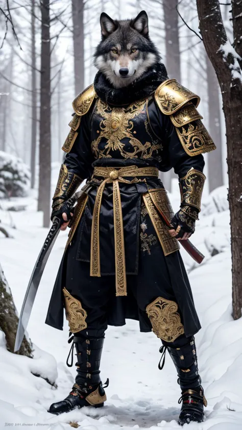 A samurai wolf with glowing bloodshot eyes, wearing shiny satin black and silver metal armor, intricate ornate weaved gold filie...