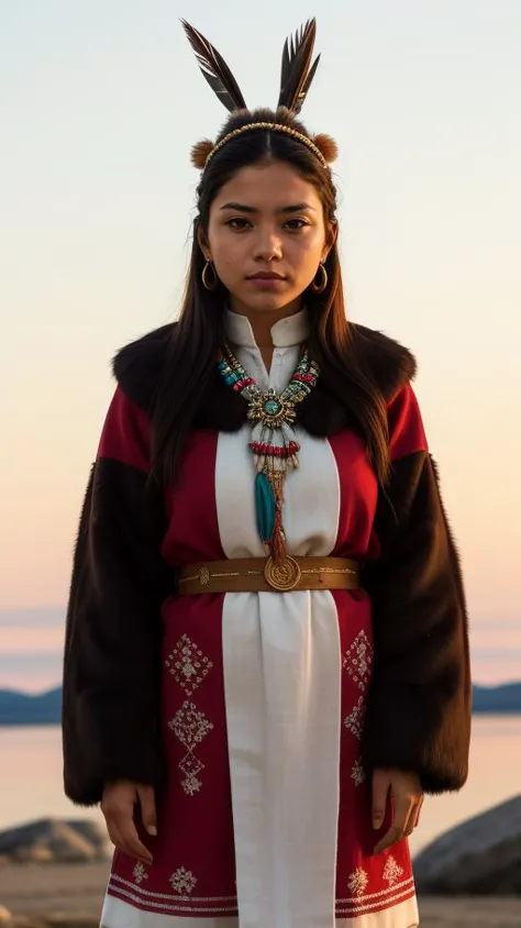photo of an inuit woman, young, 25 years old, beautiful, wearing stone age clothing made from natural fabrics like linen, cotton...