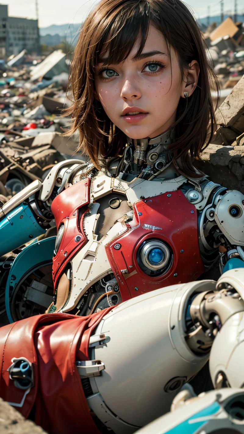 Photo of a broken ruined cyborg girl in a landfill, robot, body is broken with scares and holes,half the face is android,laying on the ground, creating a hyperpunk scene with desaturated dark red and blue details, colorful polaroid with vibrant colors, (vacations, high resolution:1.3), (small, selective focus, european film:1.2), art by Otomo Katsuhiro