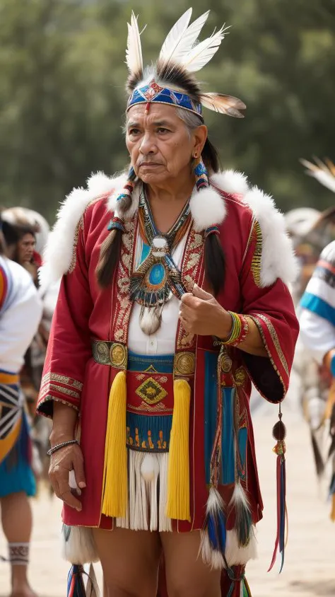 A Native American tribal elder, adorned with traditional regalia and feathers, standing amidst a powwow, with a weathered yet wi...