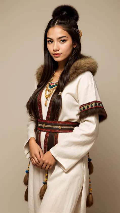 photo of an inuit woman, young, 25 years old, beautiful, wearing stone age clothing made from natural fabrics like linen, cotton...