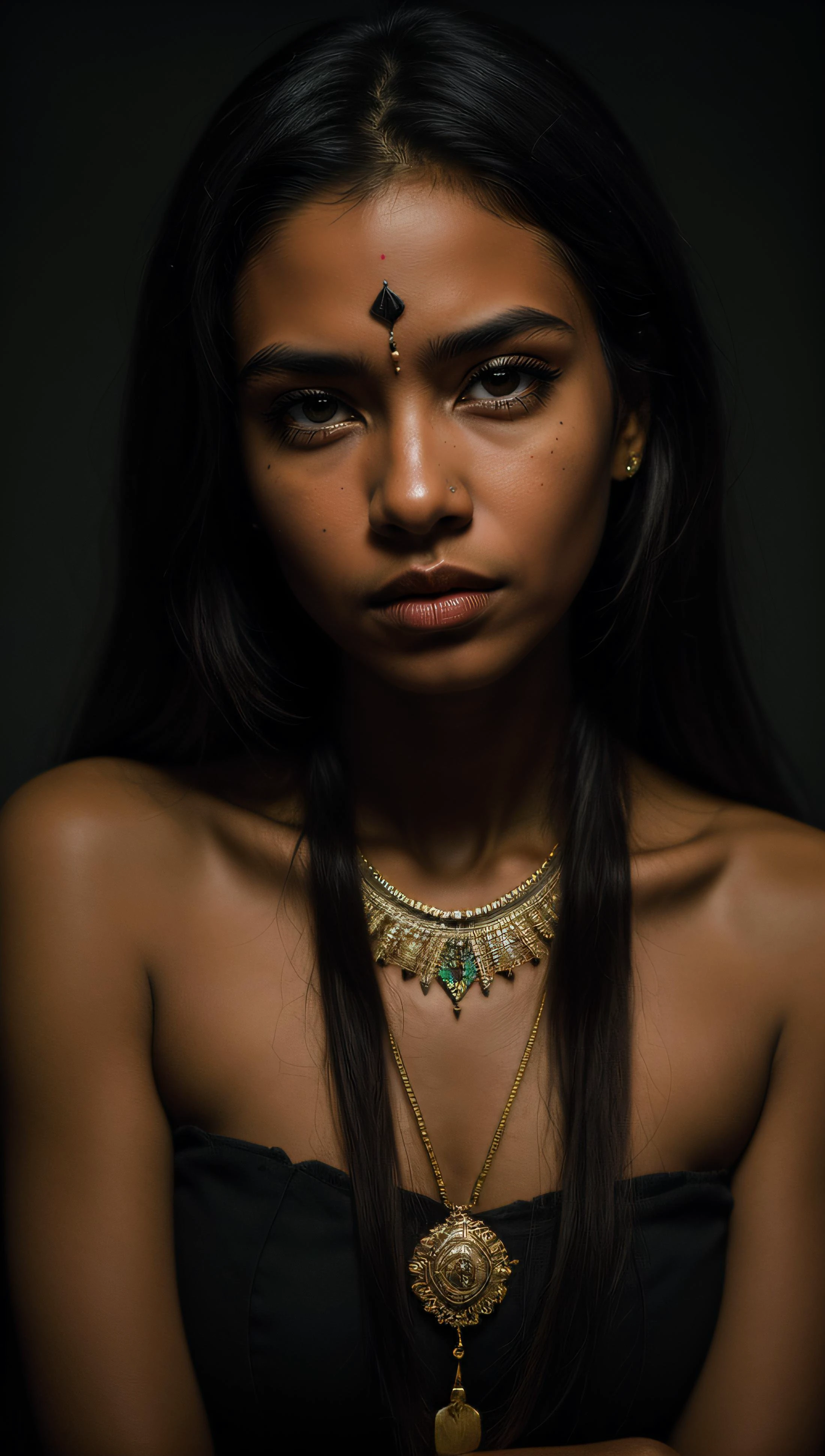 mulher tribal com pele caramelo, sombra profunda, tema escuro, Retrato de 40 mm, colar tribal, ornamentos tribais, abandonado, foto profissional, 28mm, analógico, (Geografia nacional)