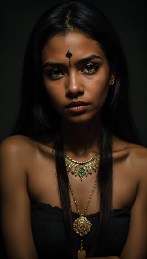 caramel skinned tribal woman, deep shadow, dark theme, 40mm portrait, tribal necklace, tribal ornaments, forlorn, professional p...