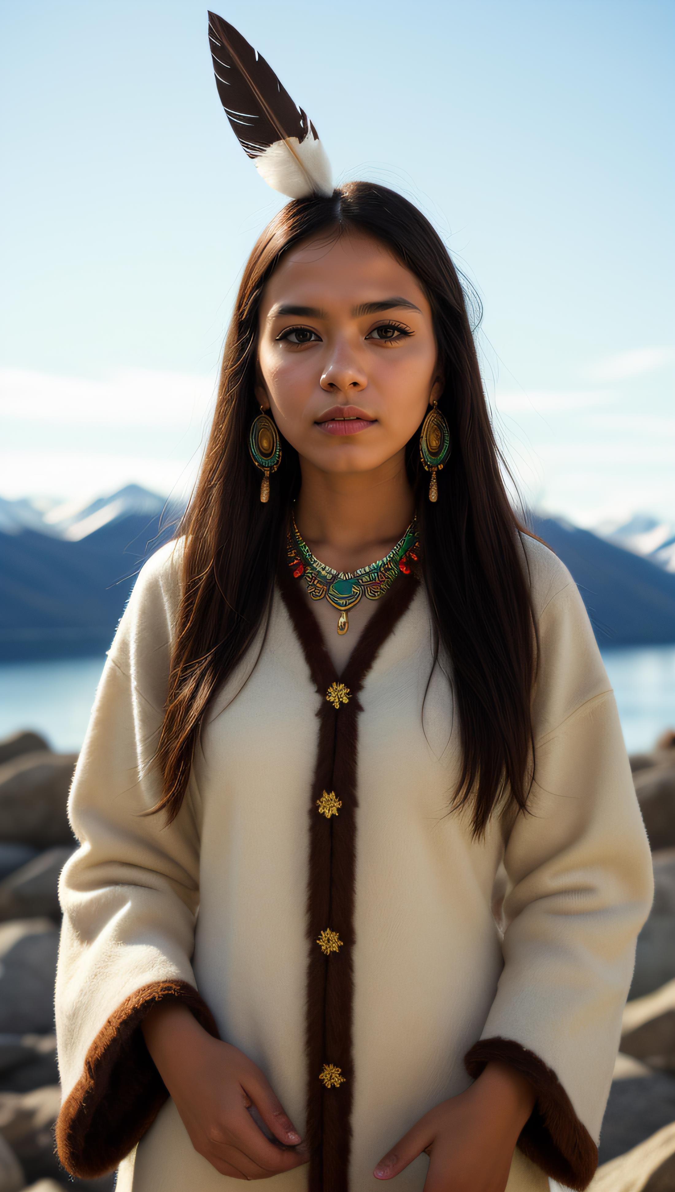 Photo of an inuit woman, young, 25 years old, beautiful, wearing stone age  cloth - SeaArt AI