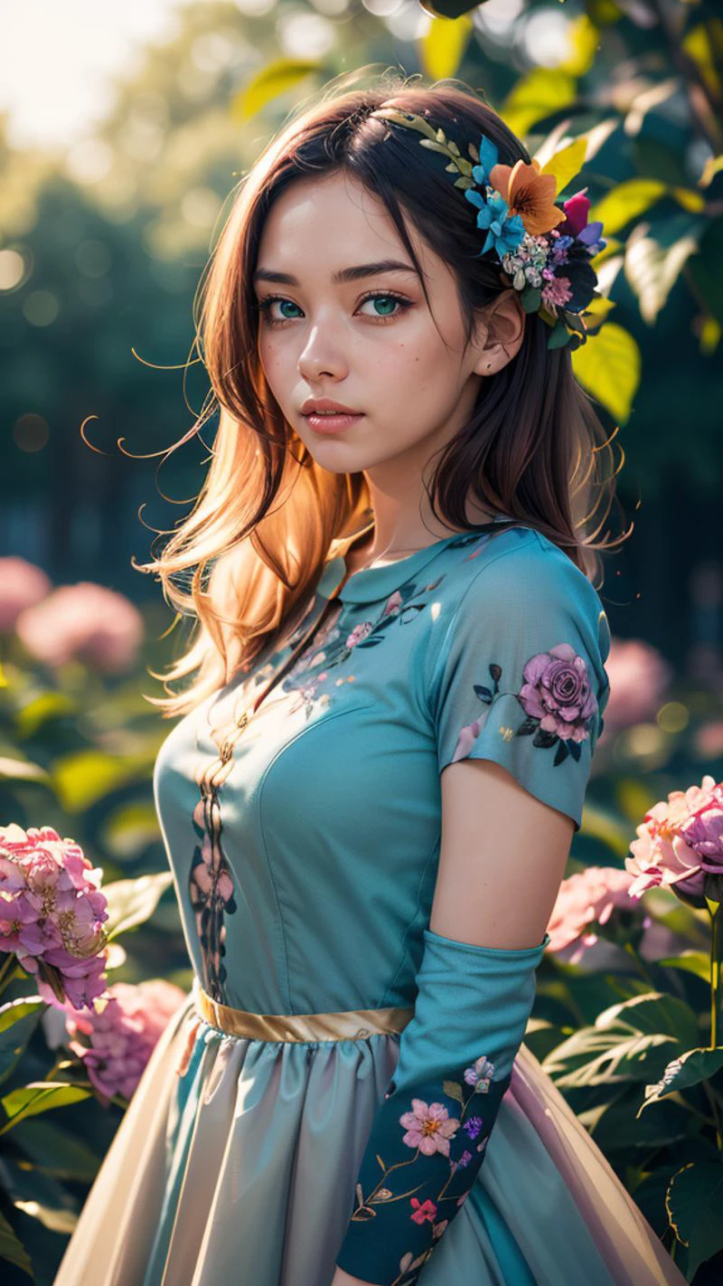 1 young cute girl, flower dress, colorful, dark background, flower armor, green theme, exposure blend, upper body shot, bokeh, (hdr:1.4), high contrast, (cinematic, teal and orange:0.85), (muted colors, dim colors, soothing tones:1.3), low saturation