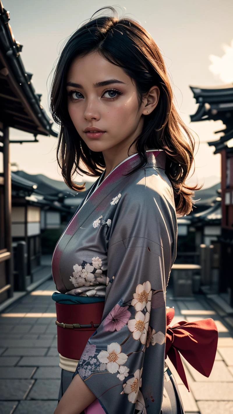 (masterpiece, best quality, highres:1.2), (photorealistic:1.2), (Realistic skin texture:1.4), (film grain:1.3), (detailed light:1.2), (dynamic angle), raw photo, (Beautiful italian girl), skinny, iridiscent bobbed hair, flirting with POV, in traditional japanese kimono, high detailed kimono textures, Kyoto, fireworks, (dynamic pose), moonlight passing through hair, (Kyoto city background), (sharp), exposure blend, bokeh, (hdr:1.4), high contrast, (muted colors, dim colors, soothing tones:1.3), low saturation, morbid