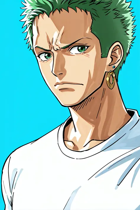 oda eiichirou, 1boy, earrings, frown, green hair, highres, jewelry, looking at viewer, male focus, official art, one piece, roro...
