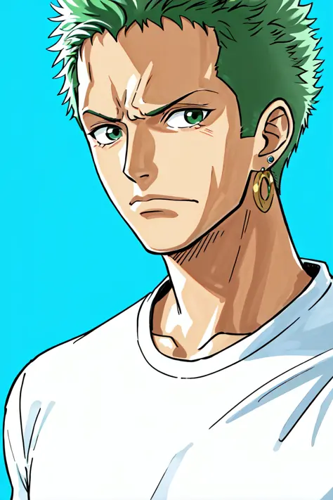 oda eiichirou, 1garçon, des boucles d&#39;oreilles, froncer les sourcils, cheveux verts, haute résolution, bijoux, regarder le spectateur, foyer masculin, art officiel, une pièce, Roronoa Zoro, tremblement de terre de Sendai, chemise, fond simple, seulement
