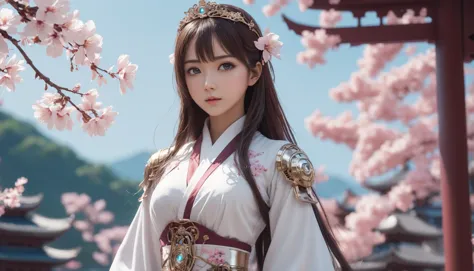 a close up of a woman in a white dress and a pink flower