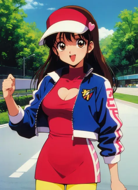 asusugodr, 1girl, solo, visor cap, heart, hair ornament, jacket, dress, pantyhose, retro artstyle, open mouth, 1990s (style), looking at viewer, smile, outdoors, sky, cowboy shot, cleavage cutout, race queen 