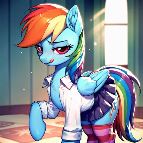 score_9, score_8_up, score_7_up, score_6_up, score_5_up, score_4_up,  (by aki99), source_pony, rating_suggestive, (feral pegasus rainbow dash), pleated skirt, striped stockings, open clothes, bedroom eyes, oiled, shiny,licking lips,wet , masterpiece, detailed soft lighting, ear fluff <lora:odanon_style_v2:1>