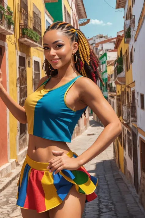 photo of woman wearing frevo clothes,  (city as background:1.3),colorful top, colorful skirt, frevowear, holding a colorful umbr...