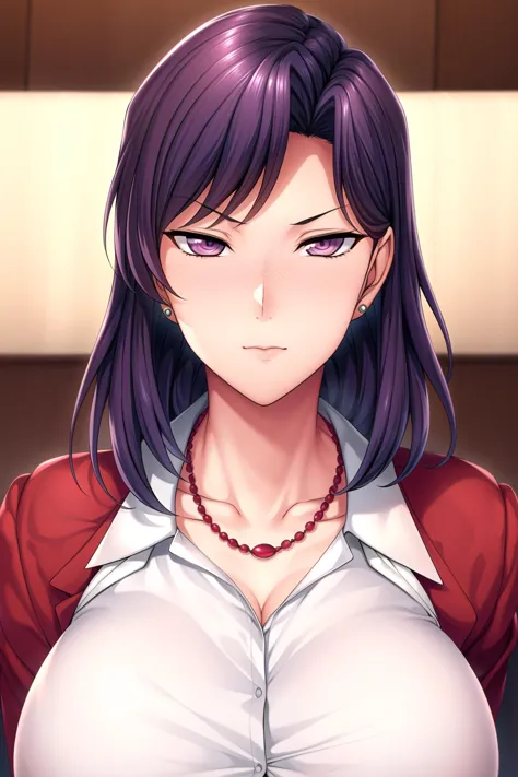 a woman with purple hair and a white shirt is posing