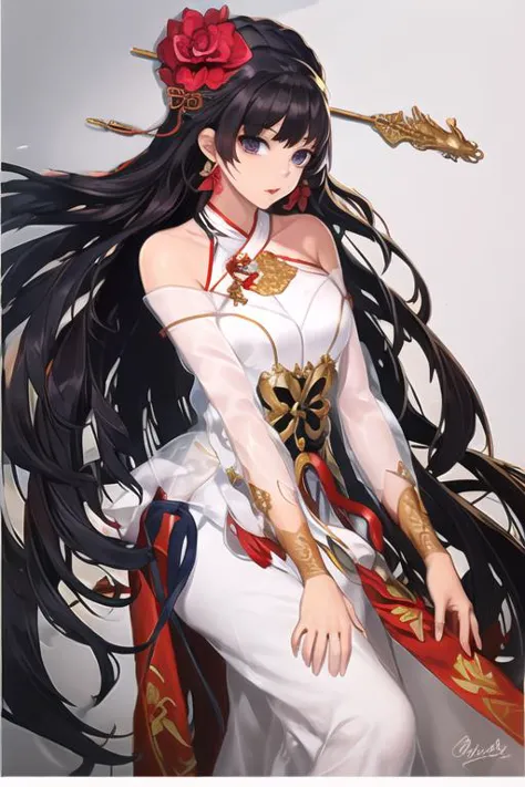 a woman in a white dress with long black hair and a red flower in her hair