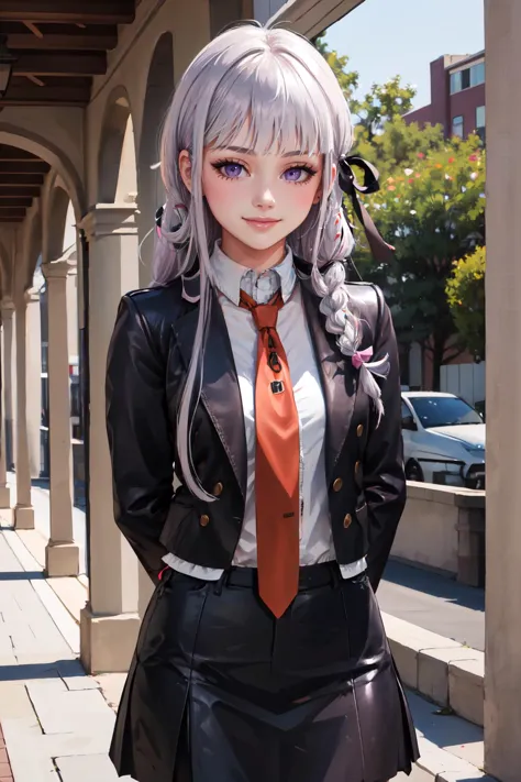 Highly detailed, High Quality, Masterpiece, beautiful, 1girl, solo, kirigiridef, braid, hair ribbon, jacket, open jacket, long sleeves, white shirt, necktie, skirt, black gloves, <lora:Char_Danganronpa_KirigiriKyoko:1>, smile, arms behind back,