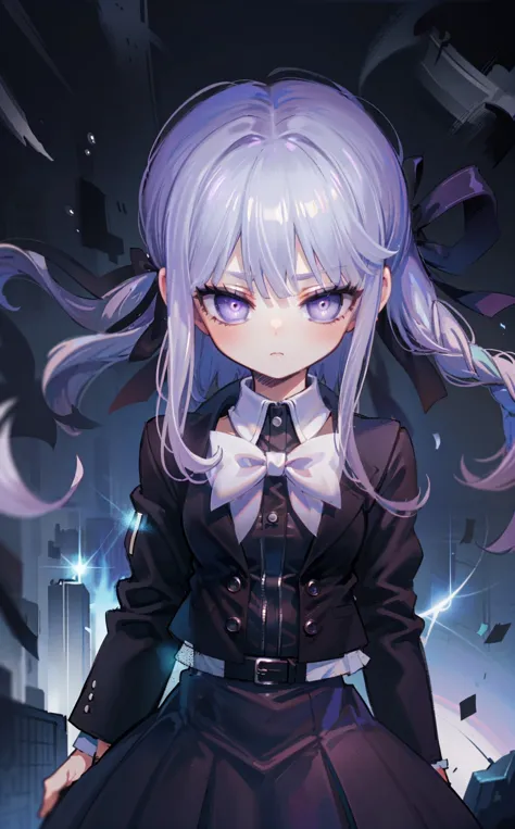 (best quality, high resolution, extremely detailed,grainy:1.2), kirigiridrk, braid, hair ribbon, , black jacket, bow, skirt, glowing eyes, detailed face, detailed clothes, dynamic lighting,stoic, intelligent, and mysterious,calm demeanor ,