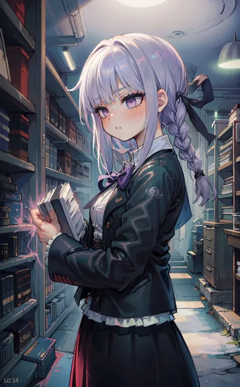 (best quality, high resolution, extremely detailed,grainy:1.2), kirigiridrk standing, (taking book from shelf:1.1), braid, hair ribbon, , black jacket, bow, skirt, glowing eyes, detailed face, detailed clothes, dynamic lighting,stoic, intelligent, mysterious,calm demeanor ,from side, head turned, dusty library, god rays, side eye,
