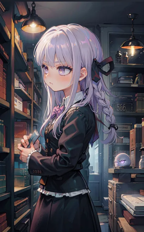 (best quality, high resolution, extremely detailed,grainy:1.2), kirigiridrk standing, library, (taking book from shelf:1.1), braid, hair ribbon, , black jacket, bow, skirt, glowing eyes, detailed face, detailed clothes, dynamic lighting,stoic, intelligent, and mysterious,calm demeanor ,from side, looking away,