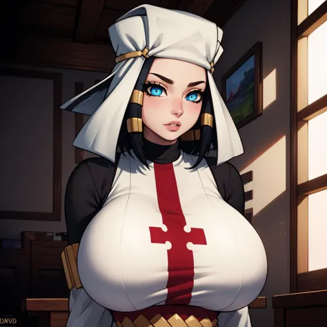 a close up of a woman in a nurse outfit with a cross on her chest