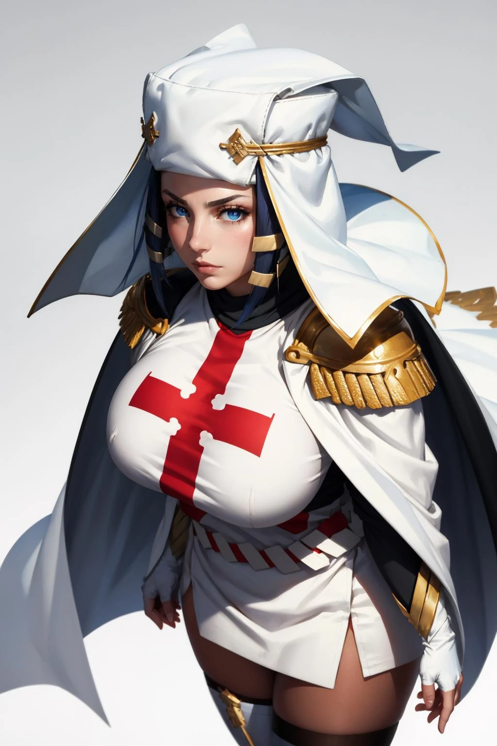 masterpiece, best quality,  ffarrow, white headwear, red and white dress, long black sleeves, black pantyhose, fingerless gloves, vambraces, large breasts, white cape, looking at viewer, from above, furrowed brow, gradient background