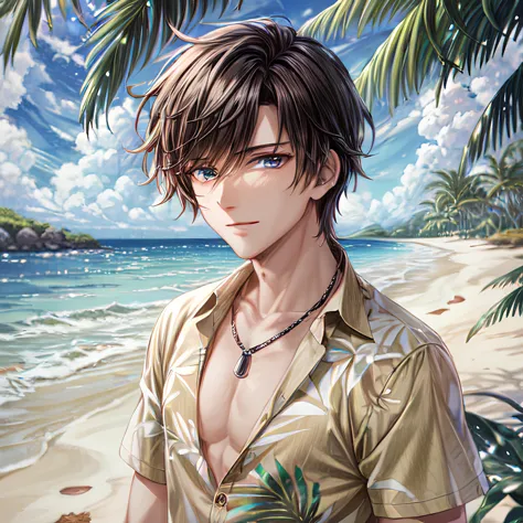best quality, masterpiece, highres, high quality, handsome man, hawaiian shirt, chest hair, half buttoned, puka shell necklace, sun bleached hair, tiki bar setting, Caucasian, intricate details, detailed blue eyes, dark hair, toned, muscular, small smile, ray tracing, bokeh, depth of field, sharp focus, vibrant colors,  detailed skin,