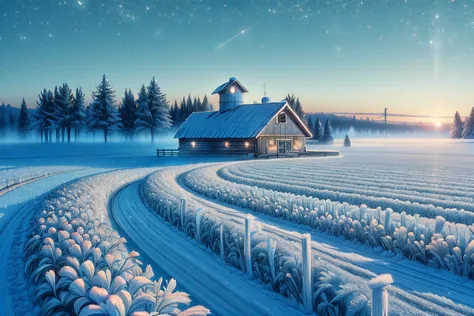 cartoon style rendition of a modern farm in the heartland of America at the crack of dawn in the dead of winter <lora:tangbohu-d...