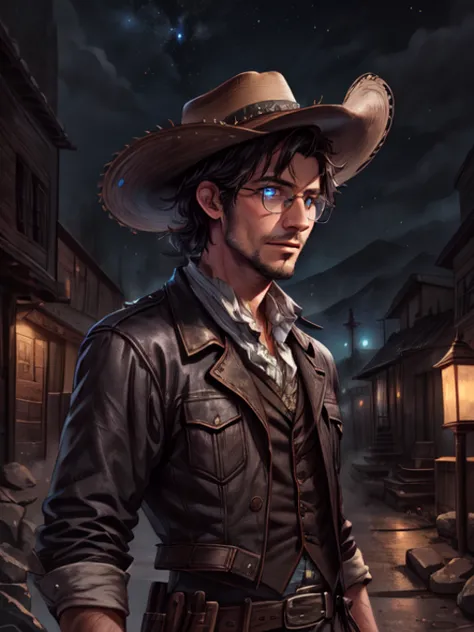 V0id3nergyl3wis_n0texist is a male with (black-framed-eyewear) and dark-hair,  BREAK portrait,  looking away, focus on character, solo, upper body, detailed face, (westworld theme:1.1), sheriff, wide brimmed hat,  belt,   dynamic pose,  19th century wild west, american frontier, wild west era dark mine shaft interior with minecart in background, cacti, nighttime, starlit sky, cinematic atmosphere, wind blowing,