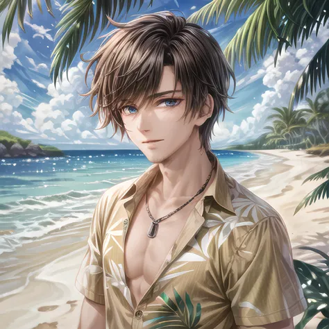 best quality, masterpiece, highres, high quality, handsome man, hawaiian shirt, chest hair, half buttoned, puka shell necklace, sun bleached hair, tiki bar setting, Caucasian, intricate details, detailed blue eyes, dark hair, toned, muscular, small smile, ray tracing, bokeh, depth of field, sharp focus, vibrant colors,  