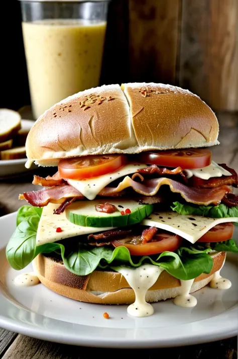 a close up of a sandwich on a plate with a glass of milk