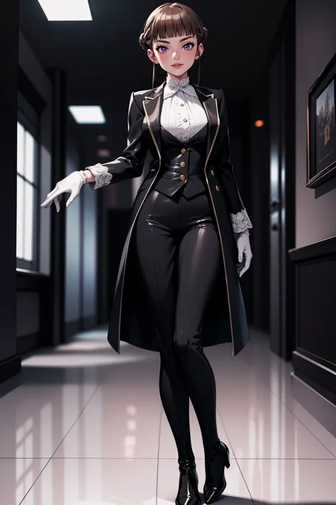 1girl, solo,(adult mature woman), absurdres, 8k, best quality, high quality,  high detail,  long legs, standing, <lora:Char_euphoria-ManakaNemu:0.85> Manaka Nemu, short hair, braided hair, brown hair, violet eyes,(white gloves), standing,  butler outfit, vest,  tailcoat:1.2, elegant and sophisticated, Victorian era influence, tailored jacket, crisp white shirt, ascot, high-waisted trousers, polished leather boot heels, detailed embroidery, monochrome color palette,  cinematic lighting 8k resolution,